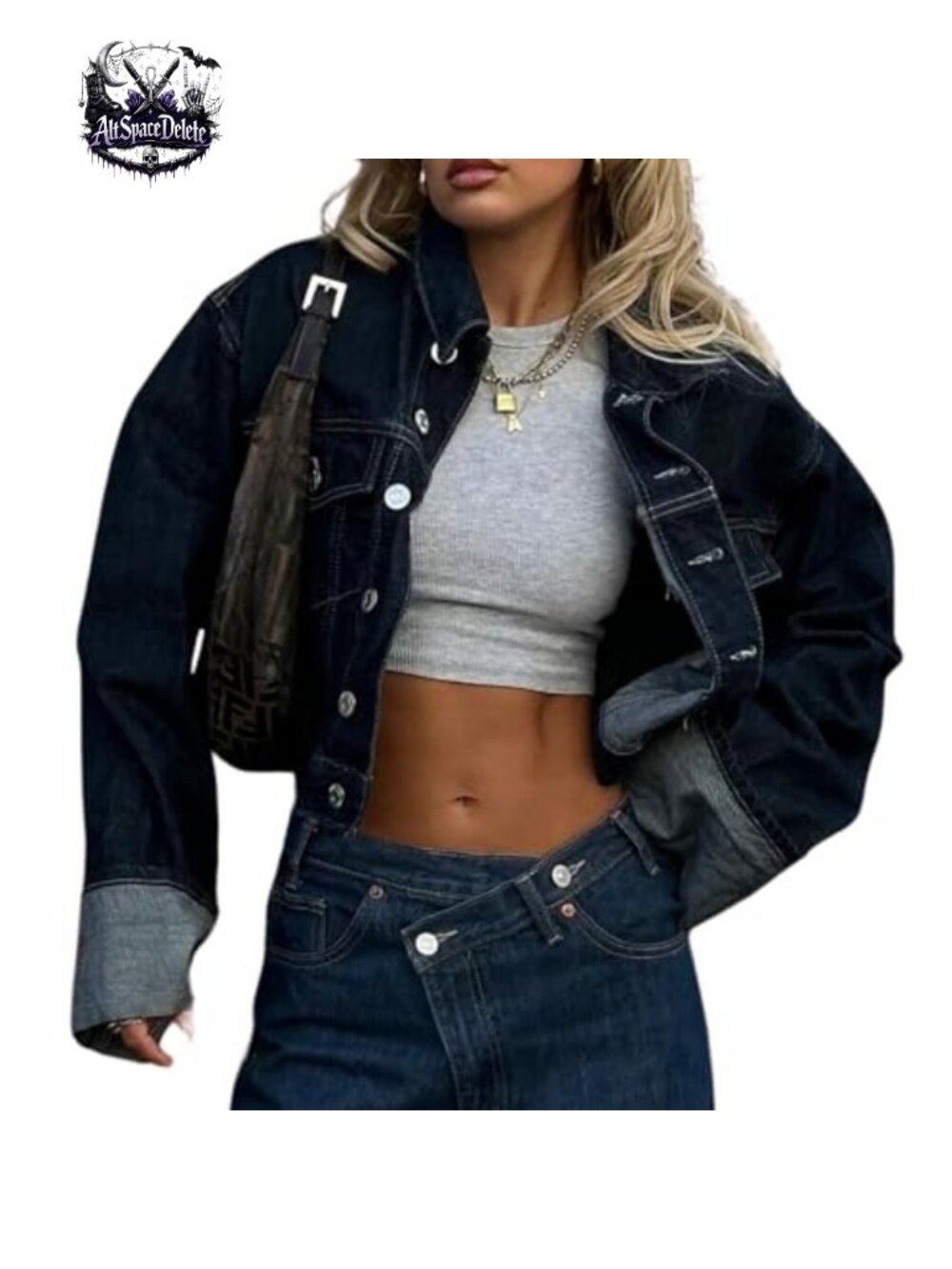 Cropped Denim Jacket Button Up Long Sleeve Turn-Up Cuff Fitted Jean Coat
